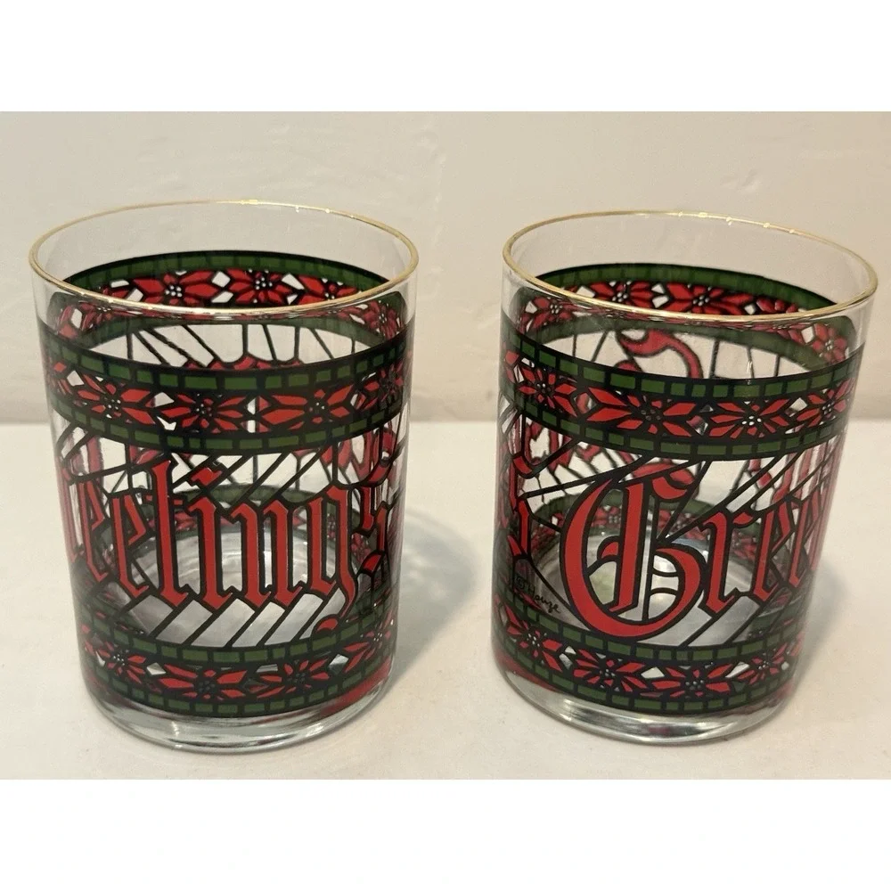 VTG Houze Seasons Greetings Stained Glass looking Glasses set of 42 Old Fashions